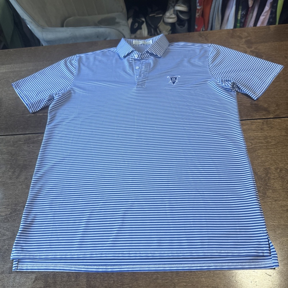 Holderness & Bourne Polo Shirt Mens Large Blue Striped White Golf Short Sleeve